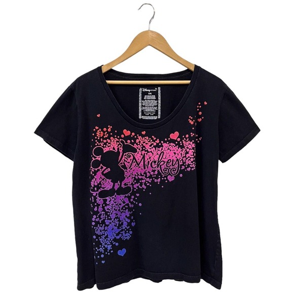 Disney Mickey Mouse Glitter Rainbow Hearts Organic Cotton Tee Shirt Black XXL - Picture 5 of 8